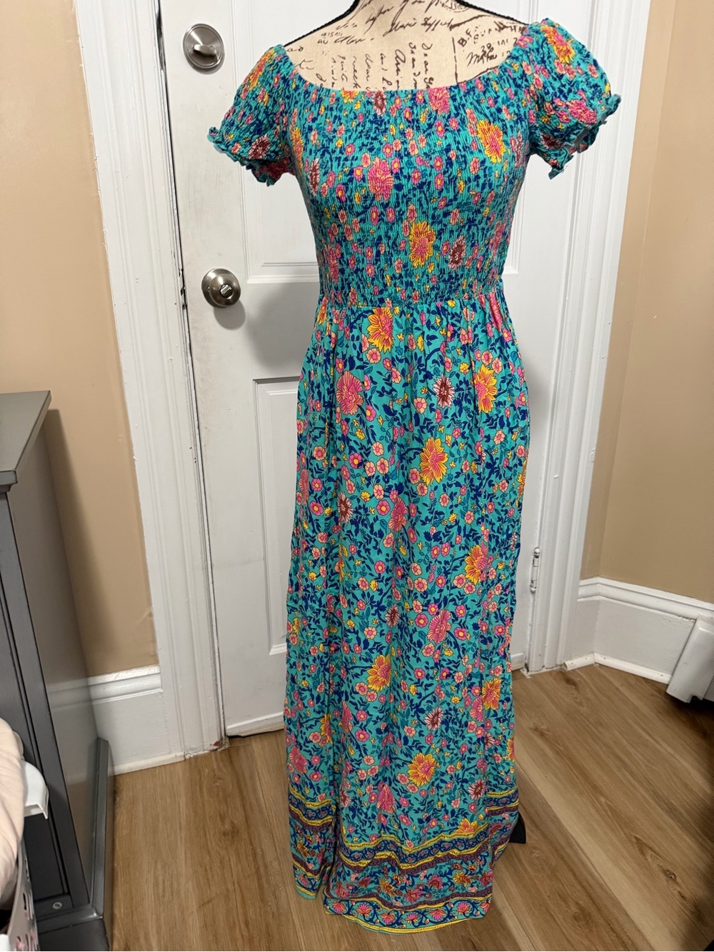 Floral Smocked Off-Shoulder Maxi Dress in Turquoise
